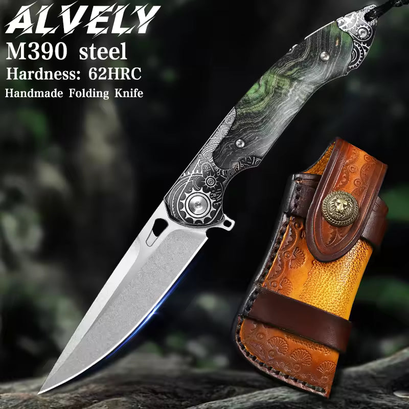 Steel Folding Knife – M390 Steampunk Pocket Green Resin Handle EDC Collector detail image - detail view 3
