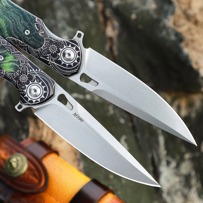 Steel Folding Knife – M390 Steampunk Pocket Green Resin Handle EDC Collector detail image - detail view 4