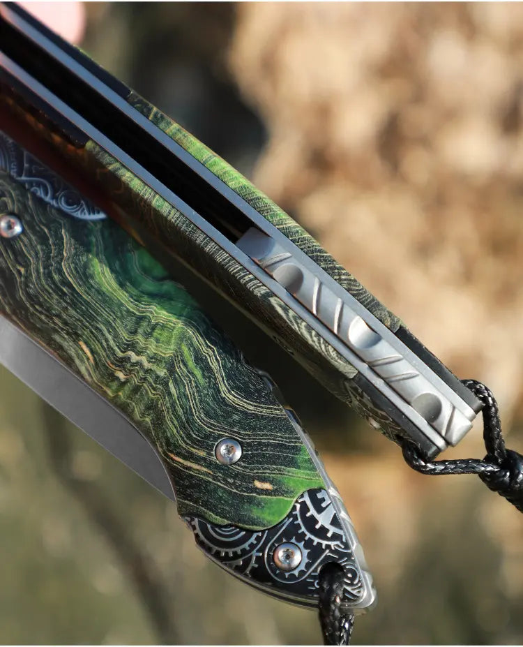Steel Folding Knife – M390 Steampunk Pocket Green Resin Handle EDC Collector detail image - detail view 5