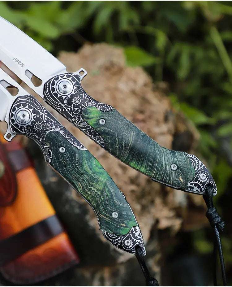 Steel Folding Knife – M390 Steampunk Pocket Green Resin Handle EDC Collector detail image - detail view 6