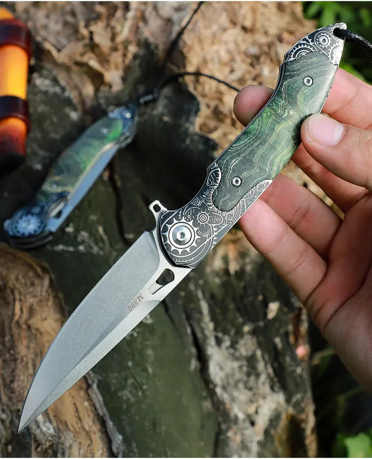 Steel Folding Knife – M390 Steampunk Pocket Green Resin Handle EDC Collector detail image - detail view 7