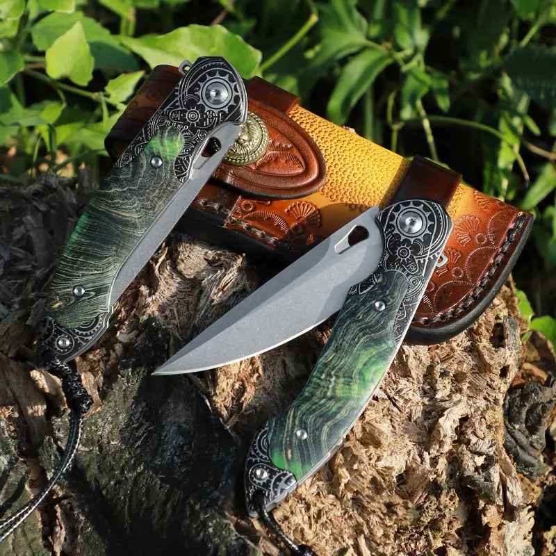 Steel Folding Knife – M390 Steampunk Pocket Green Resin Handle EDC Collector product image