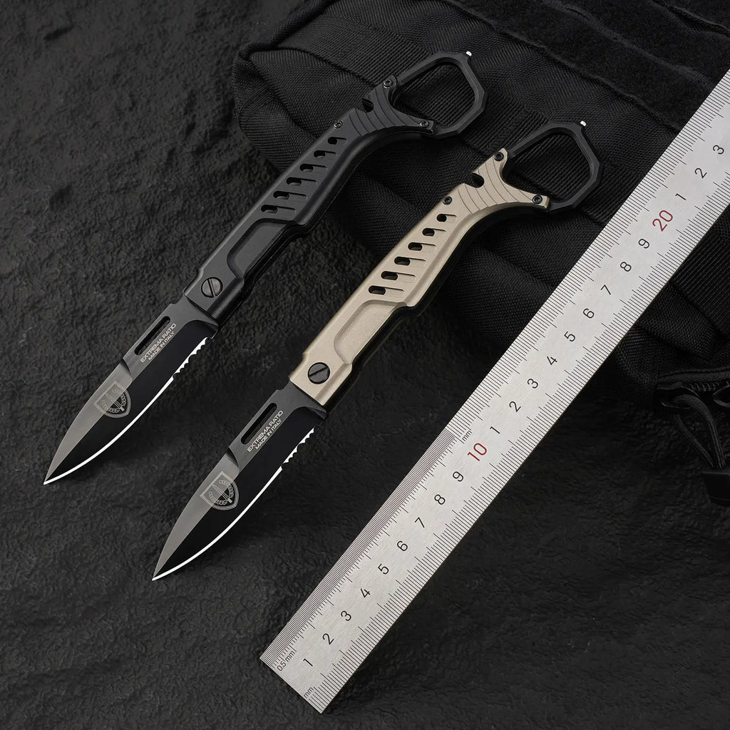 Steel Folding Knife – Tactical N690C Finger Ring Design Black Finish EDC First Responder detail image