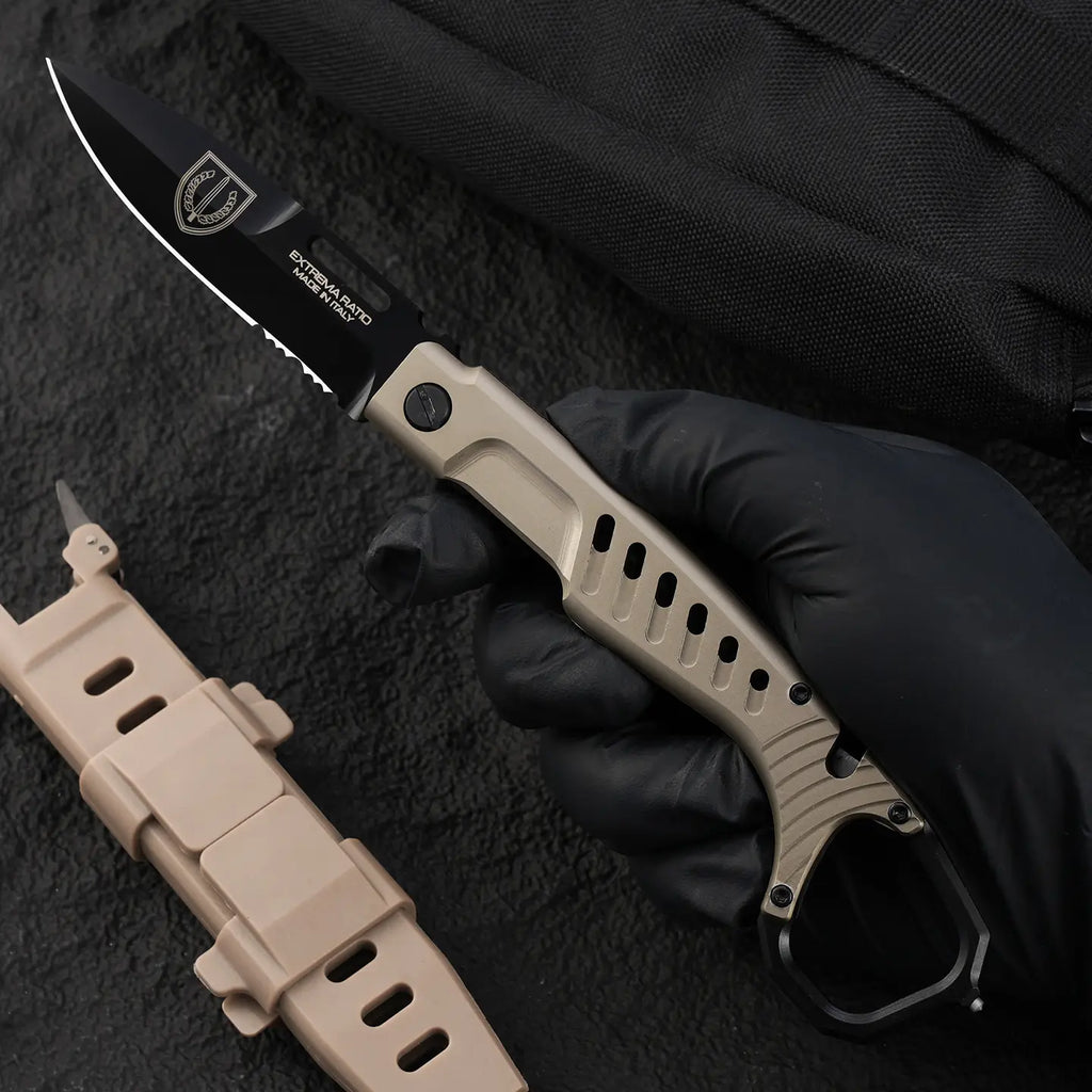 Steel Folding Knife – Tactical N690C Finger Ring Design Black Finish EDC First Responder detail image - detail view 4
