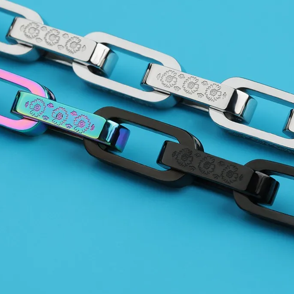 Titanium Bracelet – FloraLink Chains Unisex Modern Steel with Daisy Pattern Engraving detail image