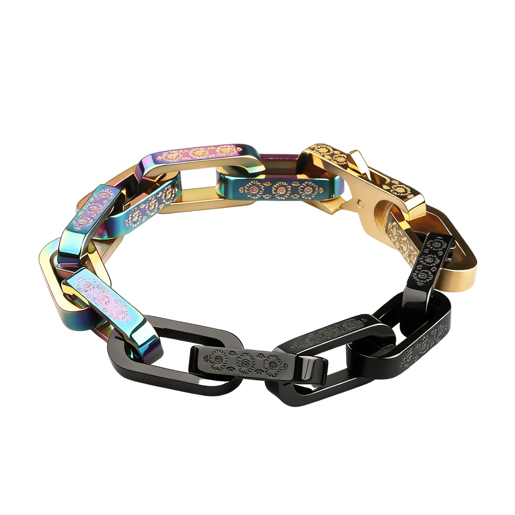 Titanium Bracelet – FloraLink Chains Unisex Modern Steel with Daisy Pattern Engraving product image
