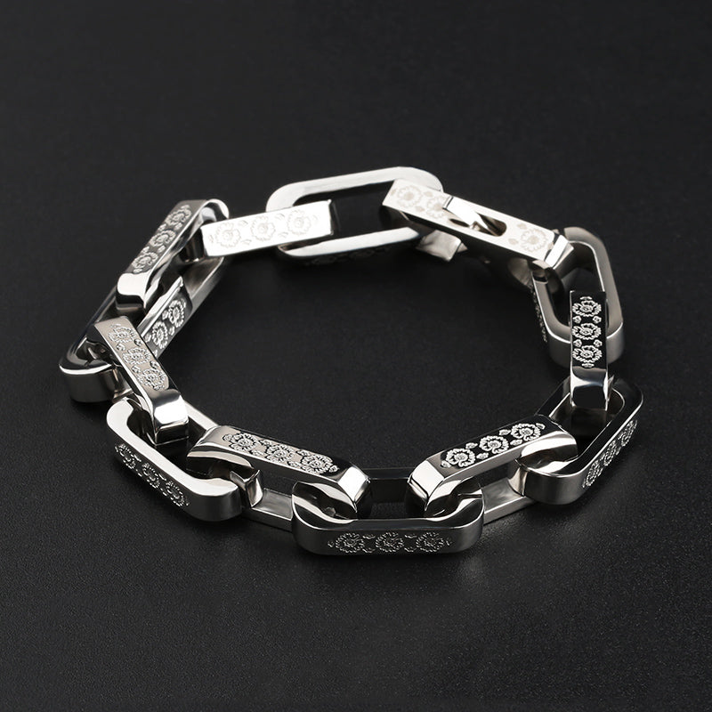 Titanium Bracelet – FloraLink Chains Unisex Modern Steel with Daisy Pattern Engraving variant image