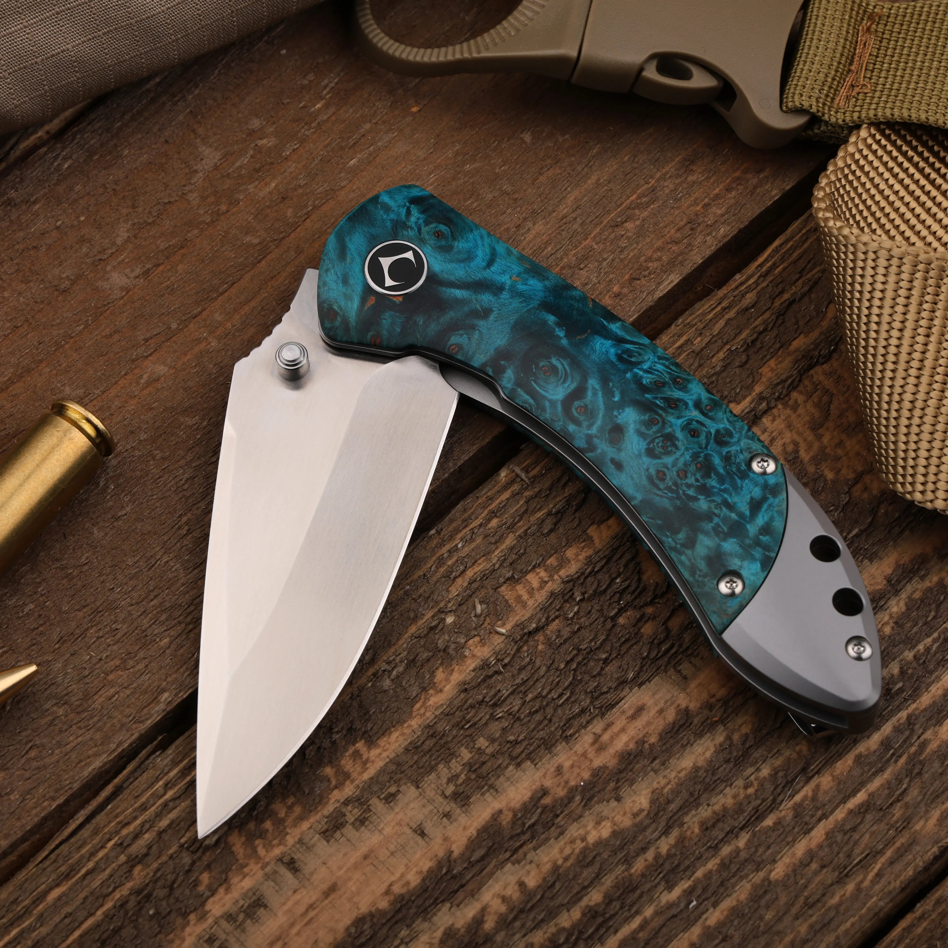 Titanium Folding Knife – Enchantress VG10 with Stabilized Wood EDC detail image