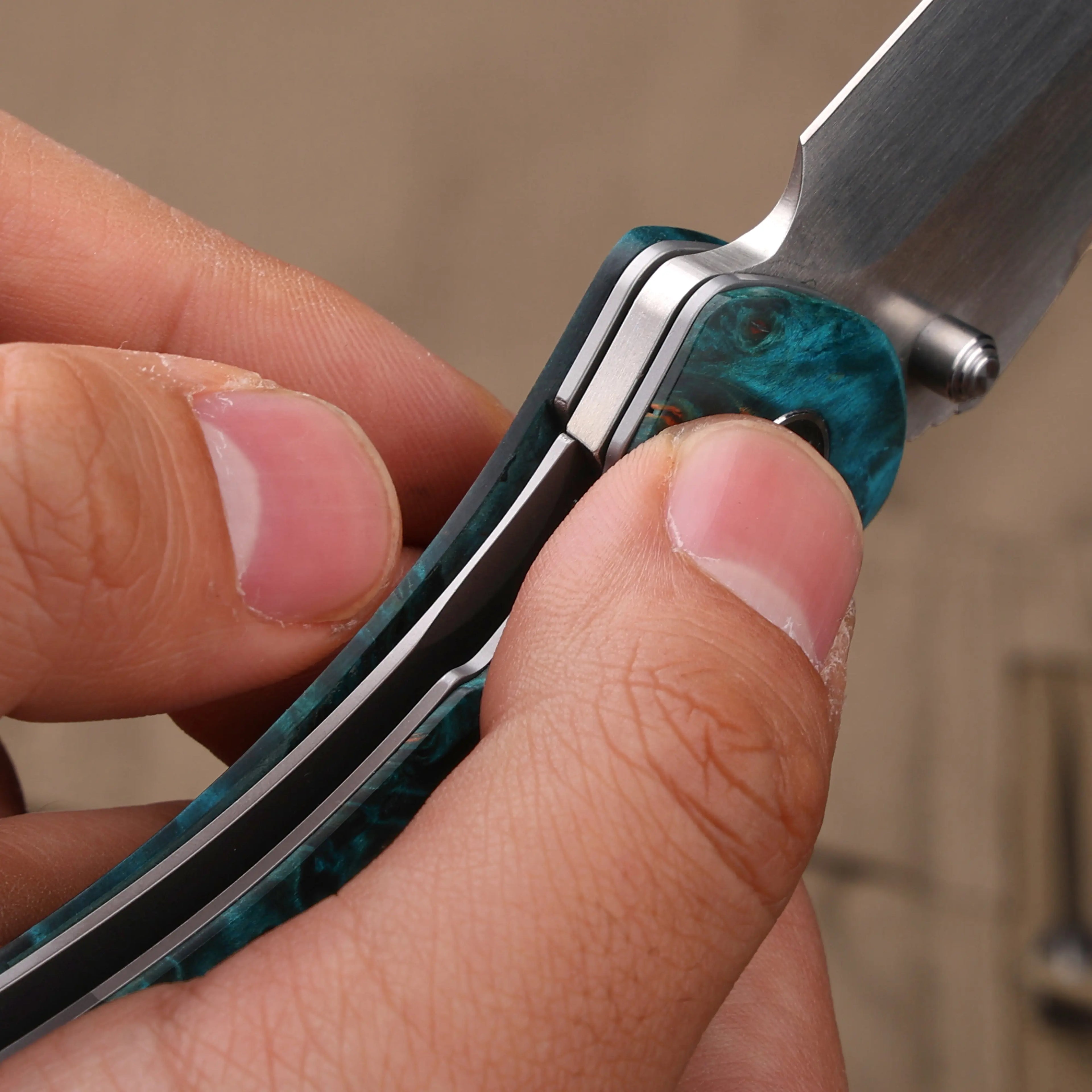 Titanium Folding Knife – Enchantress VG10 with Stabilized Wood EDC detail image - detail view 6