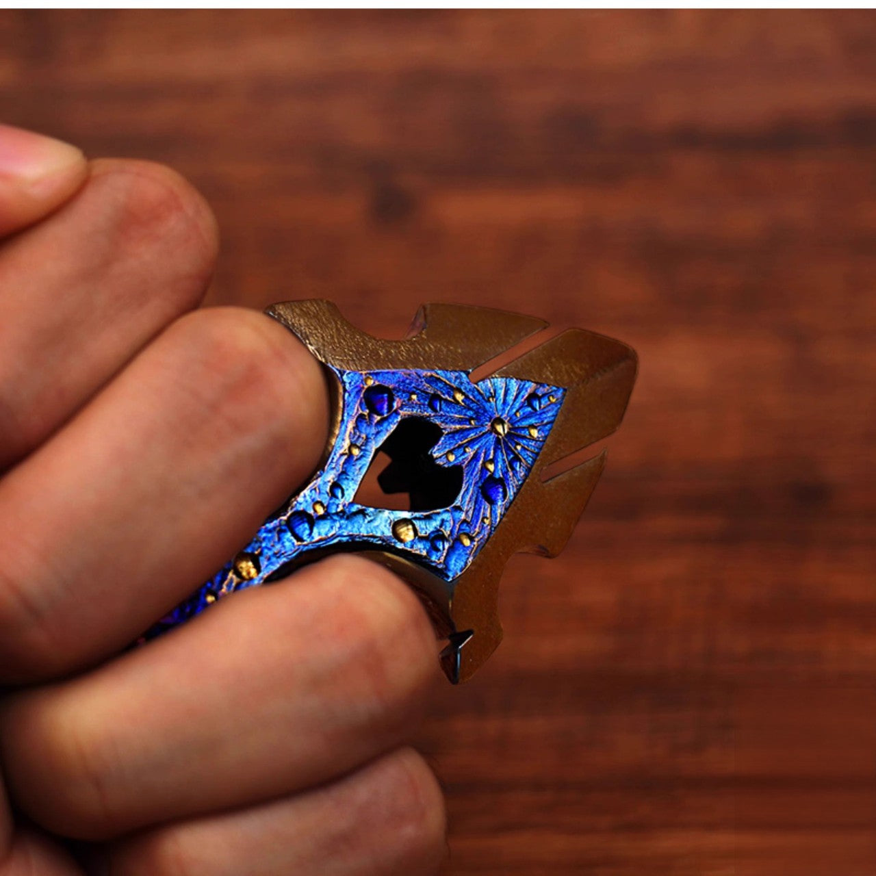 Titanium Single Finger Knuckles – TC4 Meteorite Crater with Blue Anodized Limited Edition detail image - detail view 6