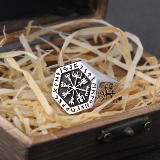 Vegvisir Compass Ring – Viking with Hexagon Norse Rune Geometric Gothic Band variant image