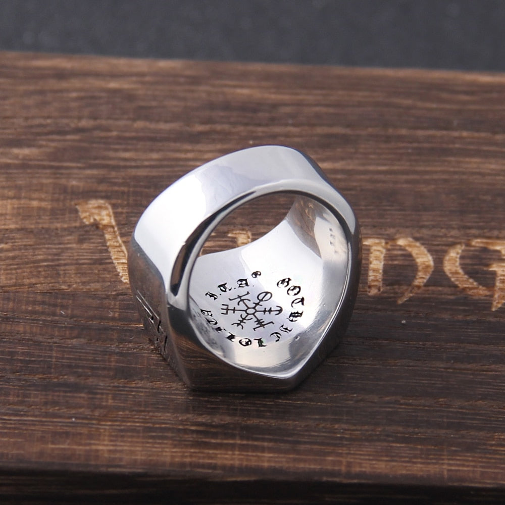 Vegvisir Compass Ring – Viking with Hexagon Norse Rune Geometric Gothic Band detail image - detail view 3
