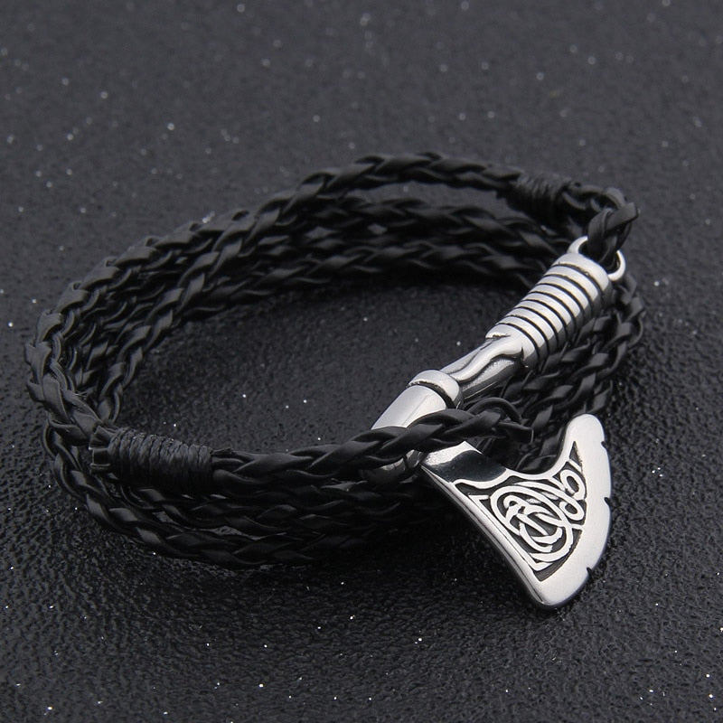 Viking Axe Bracelet – Leather with Combat Valknut Nordic Amulet Multilayer Bangle variant image - product view 5