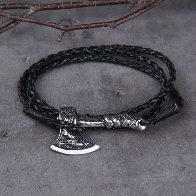 Viking Axe Bracelet – Leather with Combat Valknut Nordic Amulet Multilayer Bangle variant image