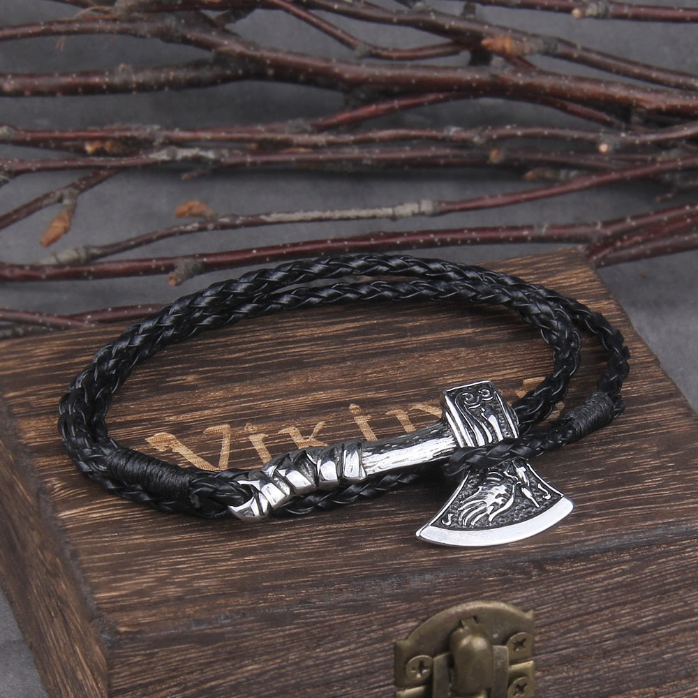 Viking Axe Bracelet – Leather with Combat Valknut Nordic Amulet Multilayer Bangle product image