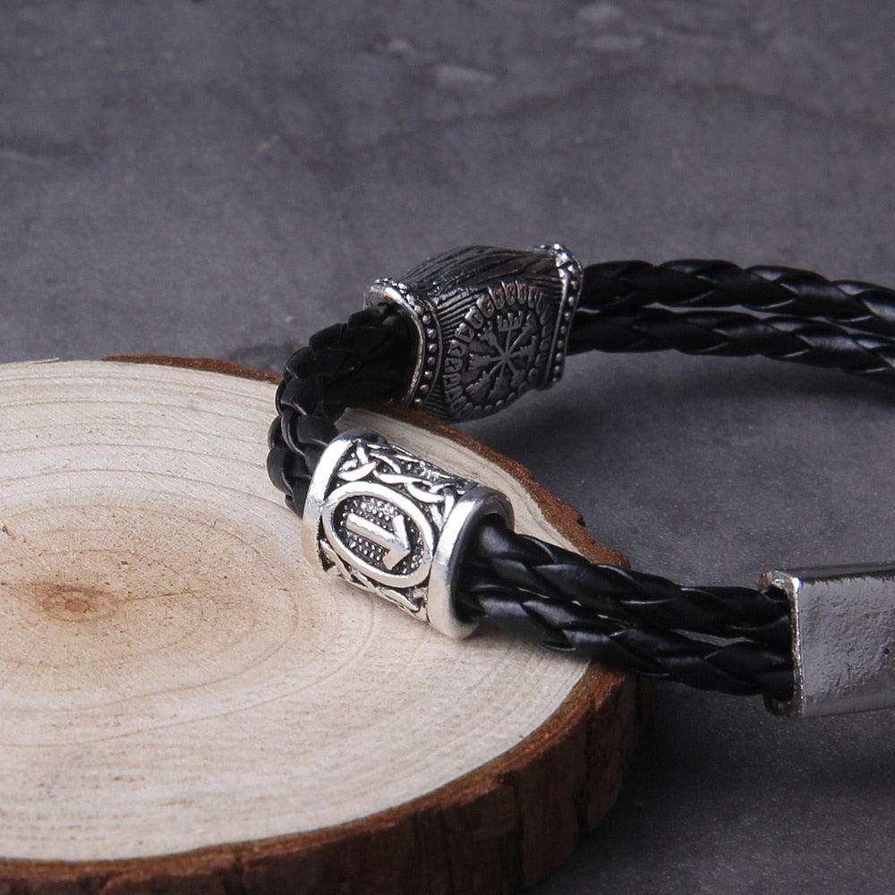 Viking Rune Bracelet – Leather with Helm of Awe Norse Gothic Punk Statement detail image