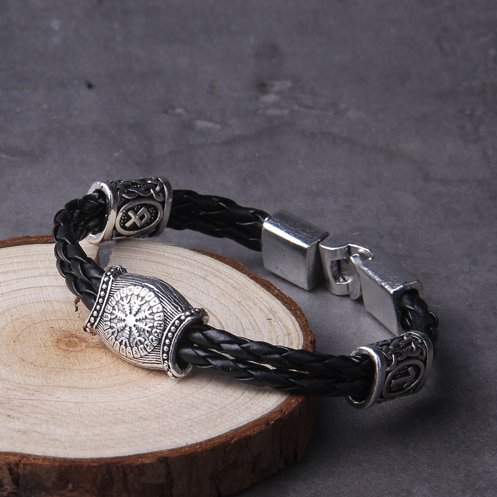 Viking Rune Bracelet – Leather with Helm of Awe Norse Gothic Punk Statement detail image - detail view 4