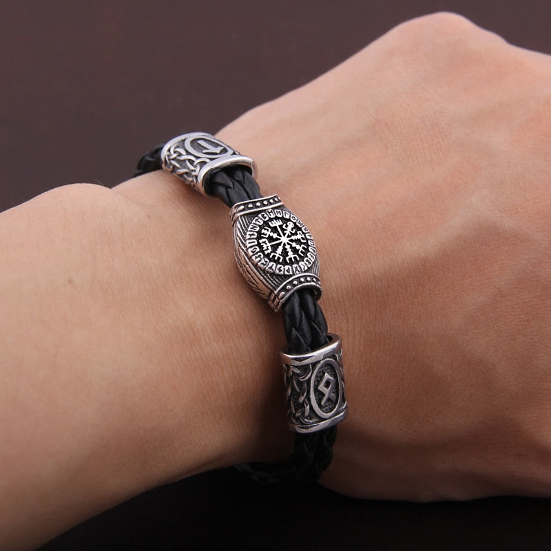 Viking Rune Bracelet – Leather with Helm of Awe Norse Gothic Punk Statement detail image - detail view 6