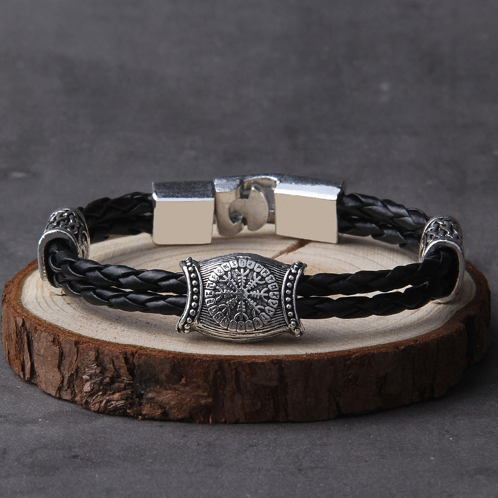Viking Rune Bracelet – Leather with Helm of Awe Norse Gothic Punk Statement product image