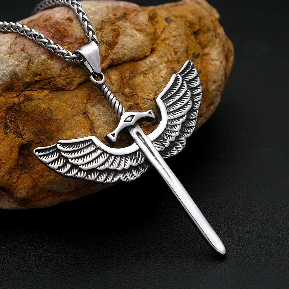 Viking Rune Necklace – Punk with Angelic Sword Angel Wings Gothic Biker Pendant detail image