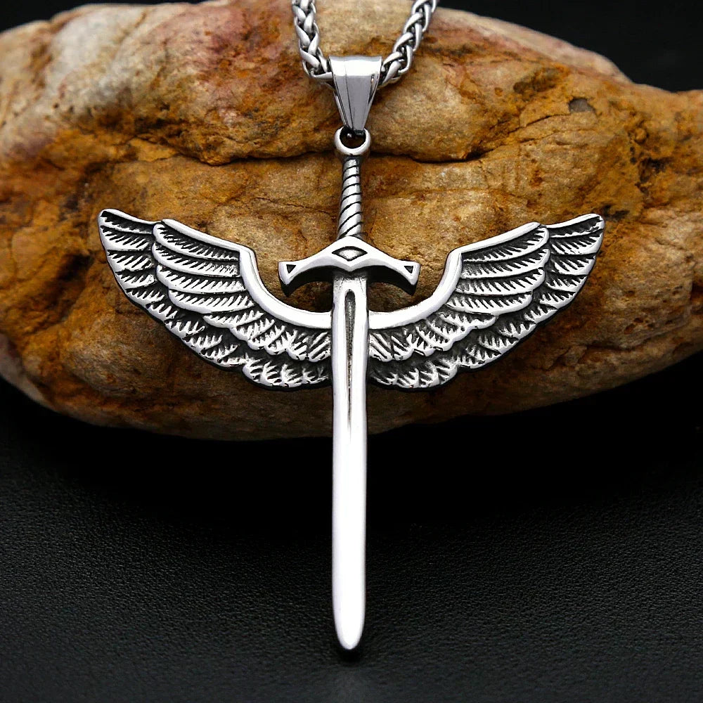 Viking Rune Necklace – Punk with Angelic Sword Angel Wings Gothic Biker Pendant detail image - detail view 3