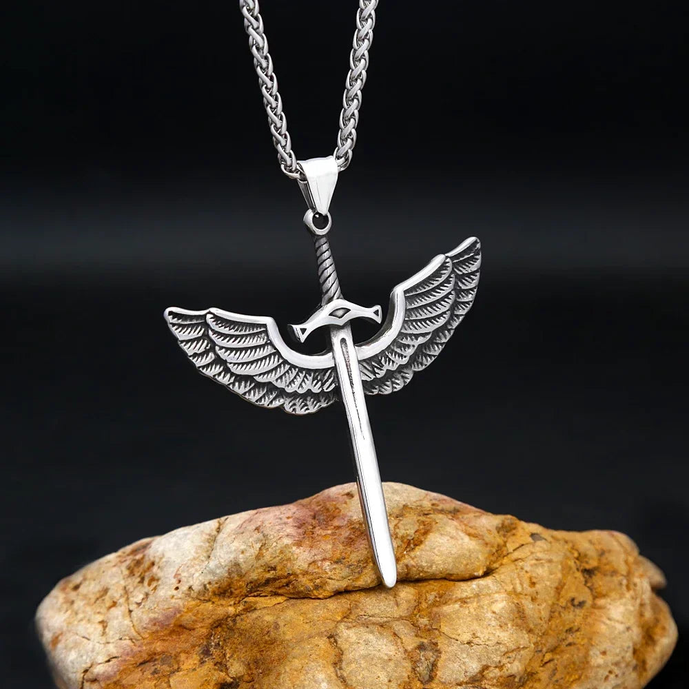Viking Rune Necklace – Punk with Angelic Sword Angel Wings Gothic Biker Pendant detail image - detail view 4
