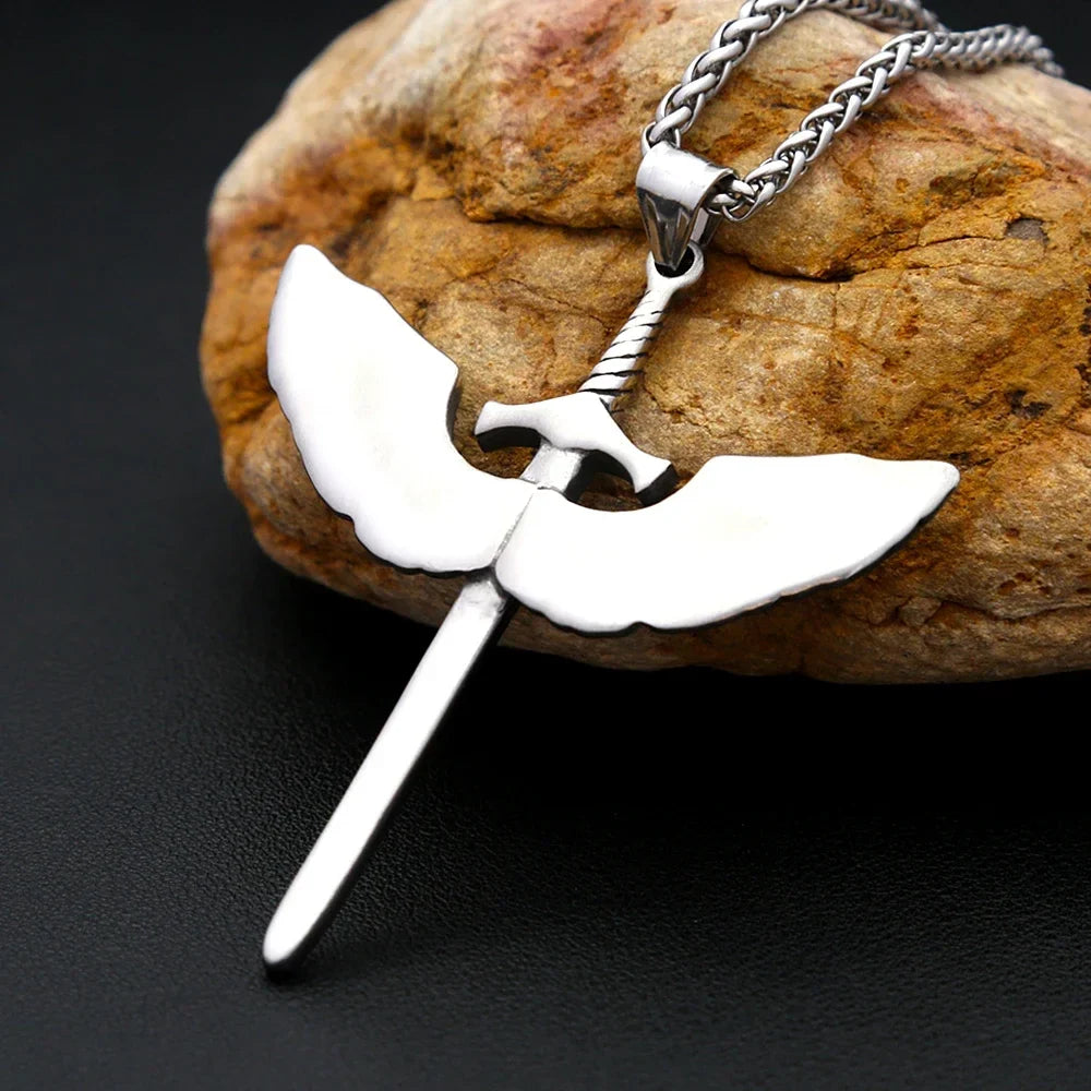 Viking Rune Necklace – Punk with Angelic Sword Angel Wings Gothic Biker Pendant detail image - detail view 5