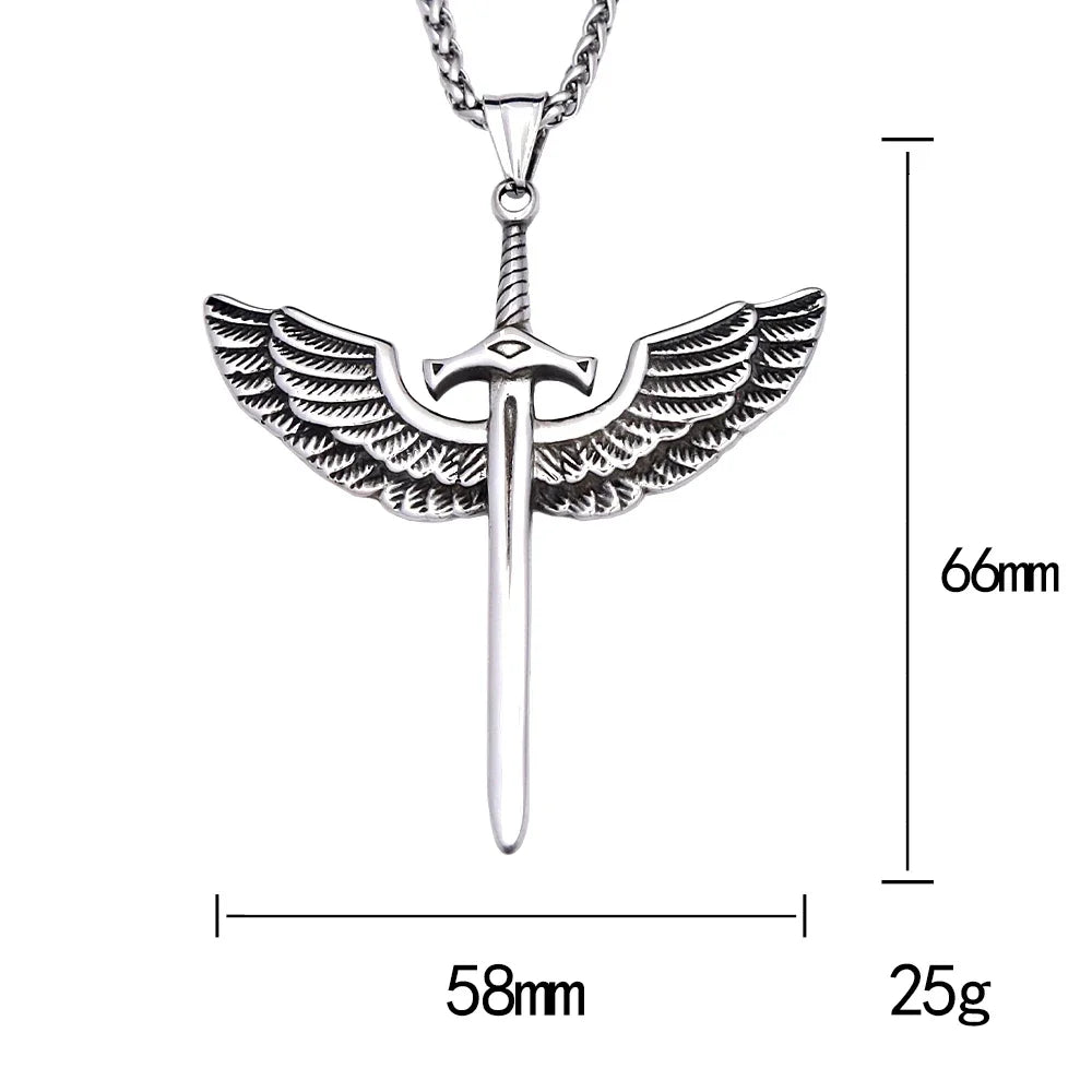 Viking Rune Necklace – Punk with Angelic Sword Angel Wings Gothic Biker Pendant detail image - detail view 6