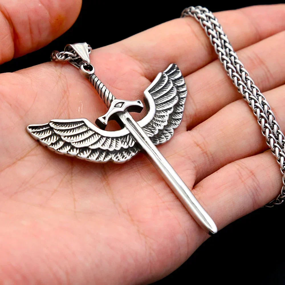 Viking Rune Necklace – Punk with Angelic Sword Angel Wings Gothic Biker Pendant product image