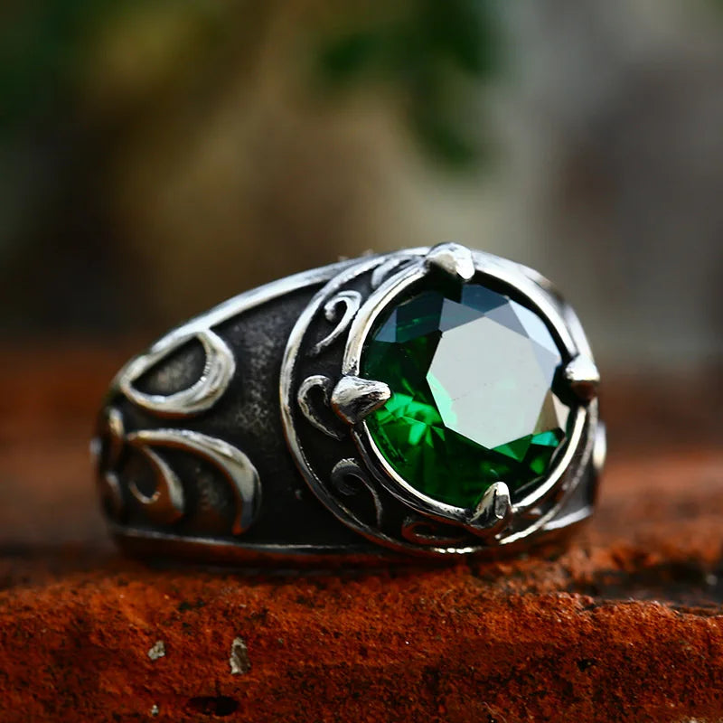 Viking Rune Ring – Emerald Stone Norse Gothic Punk Band for Alternative Styling product image